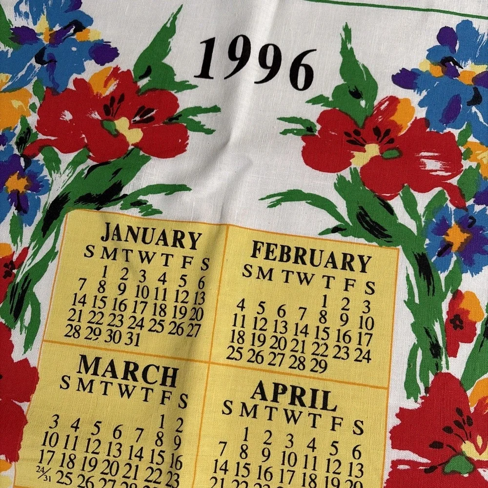 VINTAGE LINEN 1996 FLORAL KITCHEN CALENDAR TOWEL